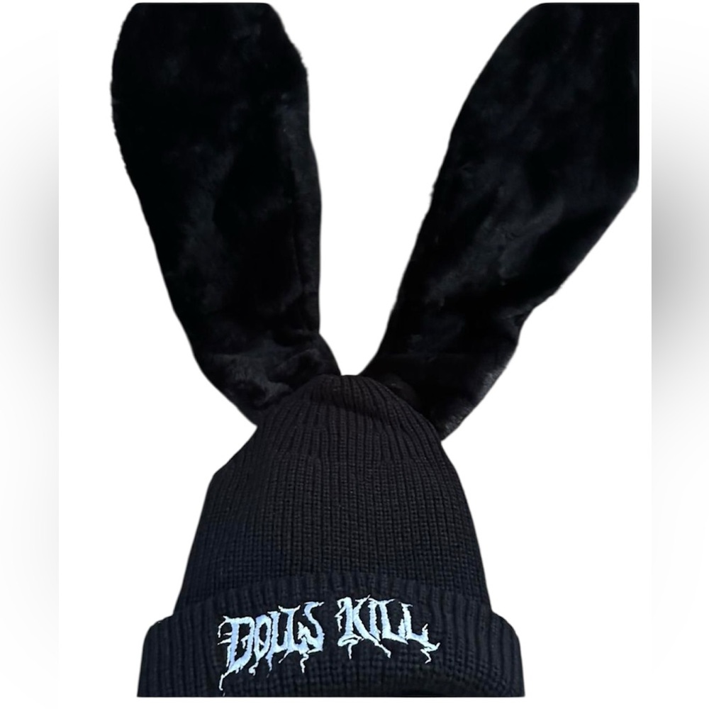 Dolls Kill Widow Black faux fur Bunny Ear beanie NWT One Size Rare HTF